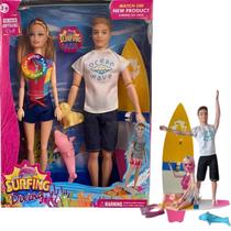Boneca e Boneco Casal Tipo Barbie Ken Surfista Acessórios Prancha de surf Presente Para Meninas e Meninos