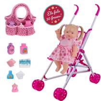 Boneca Elisi 30 Frases + Bolsa Maternidade + Carrinho Boneca