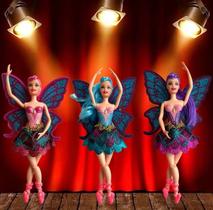 Boneca Estilo Barbie Fada Bailarina com Asas Borboleta Articulada Ballet 30cm Azul Rosa Lilas + Acessório Pente