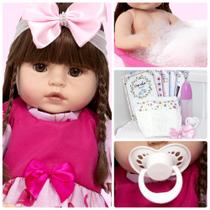 Boneca Estilo Reborn 52cm Baby Grande Vestido Rosa + Enxoval