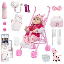 Boneca Estilo Reborn Baby Girafinha Loira 46cm Com Carrinho