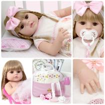 Boneca Estilo Reborn Baby Menina Loira Completa + Enxoval