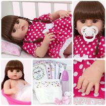 Boneca Estilo Reborn Barata Vestido de Bolinha Olho Castanho