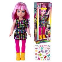 Boneca Estilosa Com Adesivos Diversos Charmosa Fashion Menina Cabelo Rosa Com Acessórios - Cotiplás