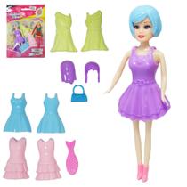 Boneca fashion divas troca roupa / peruca de plastico com acessorios 7 pecas - Miki Toy