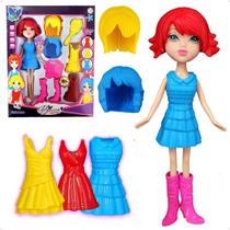Boneca Fashion Troca De Cabelo Roupa Sapato Acessórios 11pçs