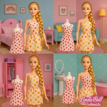 Boneca Fashionista 30cm LindaBell com Trança Longa + Vestido Extra Brinquedo Menina AKT3162
