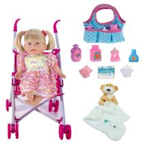 Boneca Fax Xixi + Naninha Urso + Carrinho Baby + Bolsinha