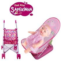 Boneca Faz Xixi + Cadeira Banheira Bebê Rosa + Carrinho Baby