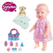 Boneca Faz Xixi Menina Sapekinha + Naninha Urso + Bolsinha