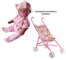 Boneca faz Xixi Milk Babys Negra c/ mamadeira e chupeta + carrinho de boneca passeio kit