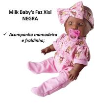 Boneca faz Xixi Milk Babys negra com Mamadeira e Chupeta bebe menina acessorios