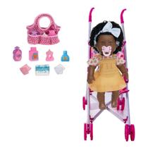 Boneca Infantil Bebê Negra Danadinha + Bolsinha e Carrinho