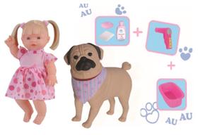 Boneca Infantil Com Vestido Rosa E Cachorrinho De Banho Nele