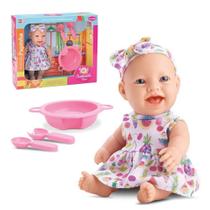 Boneca infantil de brinquedo com pratinhos e acessórias de cozinha para crianças menina