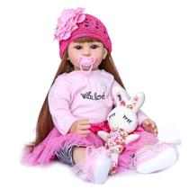 Boneca infantil Reborn RXDOLL para menina de 60 cm com roupa e acessórios rosa.