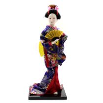 Boneca Japonesa Gueixa Artesanal com Kimono Azul Flores e Leque Dourado