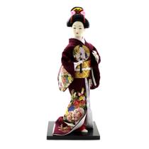 Boneca Japonesa Gueixa Artesanal com Kimono Vinho e Leque Redondo