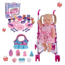 Boneca Loira Bebê Elisi 30 Frases + Carrinho Bolsa e Jantar Boneca Loira Bebê Elisi 30 Frases + Carrinho Bolsa e Jantar