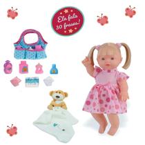 Boneca Loira Bebê Fala 30 Fala Elisi + Naninha Ninar e Bolsa Boneca Loira Bebê Fala 30 Fala Elisi + Naninha Ninar e Bolsa