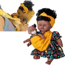 Boneca Mãe e Filha Ayana Negra 40cm Meninas + Bolsa Canguru