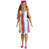 Boneca Malibu Barbie Morena Vestido Colorido - Mattel