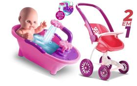 Boneca Milkinhas Petit Banho sai agua de verdade mais Carrinho de passeio Confort Baby 2 em 1 Kit