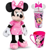 Boneca Minnie Original Multikids Pelúcia 45cm com Som Rosa + Copo e Caneca Rosa