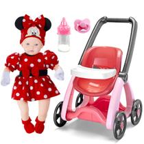 Boneca Minnie Reborn 40cm Mamadeira e Carrinho Bebê Original