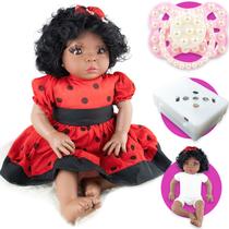 Boneca Negra Morena Linda que Fala frases Bebe Reborn com Cabelos Cacheados+Chupeta Pérolas Magnética - Minha Boneca Bebê Reborn