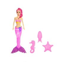 Boneca Princesa Sereia Barbie Cauda Ascende Luz Acessorios Roxo Rosa