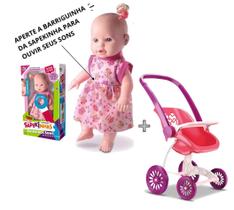 Boneca que fala primeiros sons Sapekinha mais Carrinho de passeio Confort Baby 2 em 1 Kit