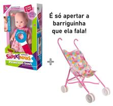 Boneca que fala Sapekinhas Primeiros Sons + carrinho de boneca passeio kit