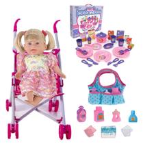 Boneca Rafaeli Faz Xixi + Carrinho + Bolsinha e Jogo Jantar