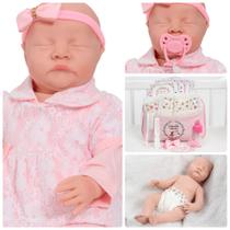 Boneca Reborn 100% Silicone Careca Com Vestido Renda Rosa