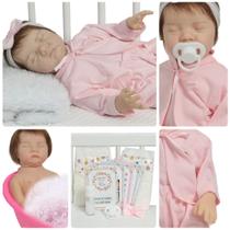 Boneca Reborn 100% Vinil Fio a Fio Pijama Rosa Kit Itens