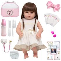 Boneca Reborn Baby 46cm Olhos Castanhos Diversos Acessórios