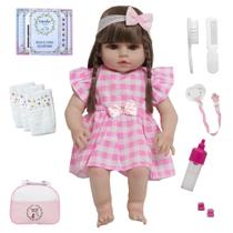 Boneca Reborn Bebê 46cm Vestido Xadrez Com Bolsa Maternidade