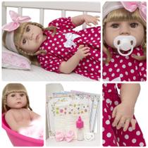 Boneca Reborn Bebê Abigail Vestido Bolinha Rosa 13 Itens