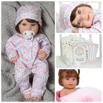 Boneca Reborn Bebê Cabelo Fio a Fio Roupão Flamingo Fofinho