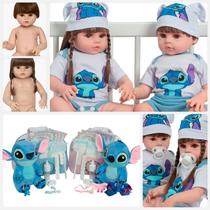 Boneca Reborn Bebê Gêmeos Menino Menina Stitch Bolsa Itens
