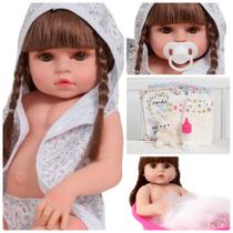 Boneca Reborn Bebê Linda Cabelo Castanho Roupão Coelho Boneca Reborn Bebê Linda Cabelo Castanho Roupão Coelho