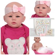 Boneca Reborn Bebê Menina Linda Ursinho Pelúcia Acessórios