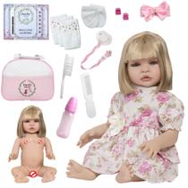 Boneca Reborn Bebê Menina Vestido Florido Bolsa 20 Itens