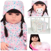 Boneca Reborn Bebê Morena Macacão Flamingo Com Acessórios