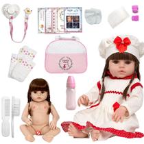 Boneca Reborn Cabelo Longo Castanho Pode Dar Banho + Itens