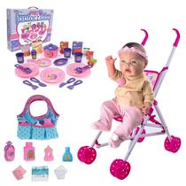 Boneca Reborn + Carrinho + Bolsa Maternidade + Jogo Jantar