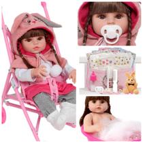 Boneca Reborn Com Carrinho Enxoval Coelhinha 19 Acessórios Boneca Reborn Com Carrinho Enxoval Coelhinha 19 Acessórios