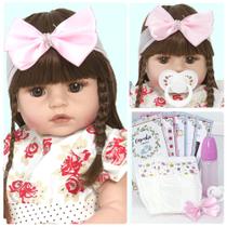 Boneca Reborn Corpo de Silicone Cabelo Castanho + Roupinha