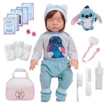 Boneca Reborn de Silicone Cabelo Castanho Roupa Stitch